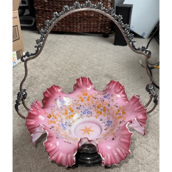 Victorian Pink Cranberry Bride's BasketE.G Webster Quadruple Silverplate 1880